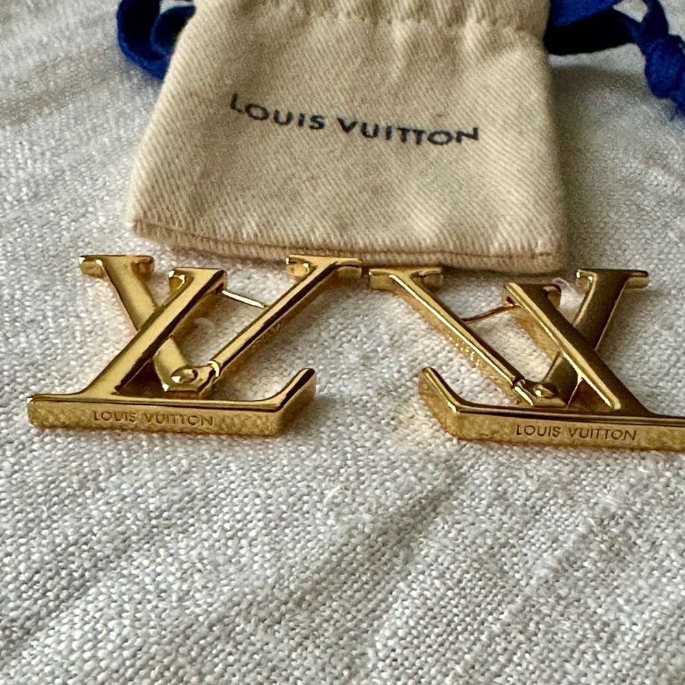 Louis Vuitton Macro LV Gold Logo Earrings w/ Dust Bag - Picture 5 of 7
